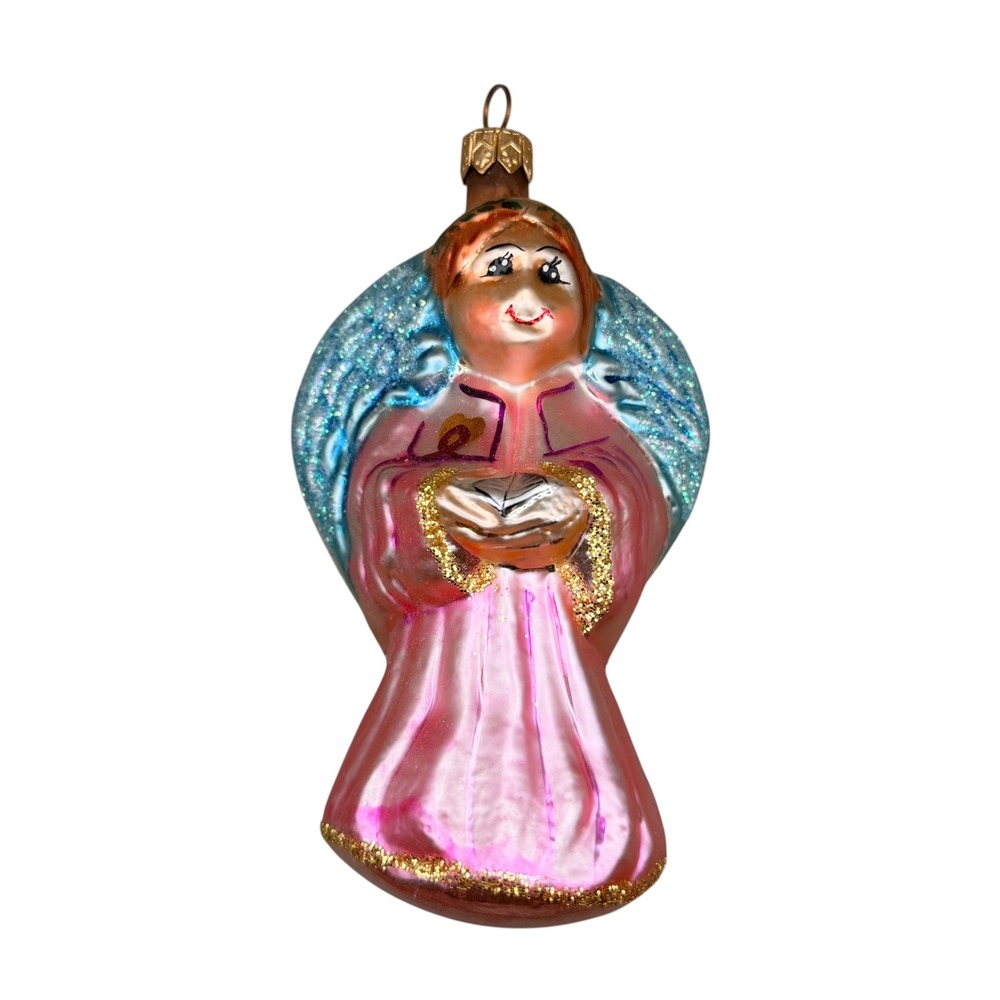 Vintage Pink Glass Angel Christmas Ornament Blue Glitter Wings Gold Trim OWC